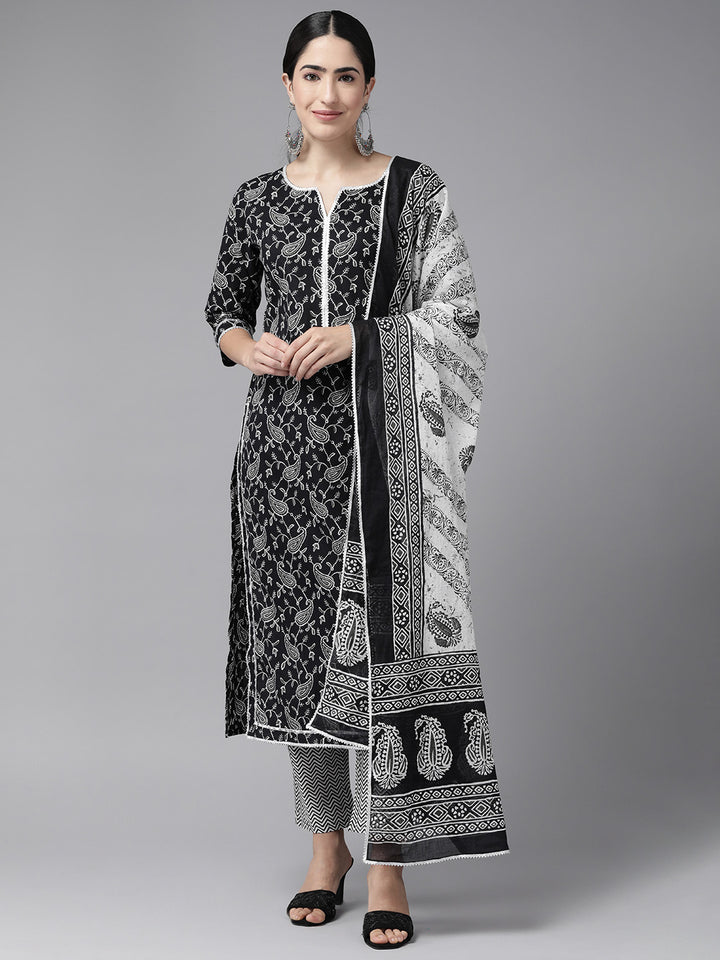 Black Ethnic Motif Printed Cotton Suit Set