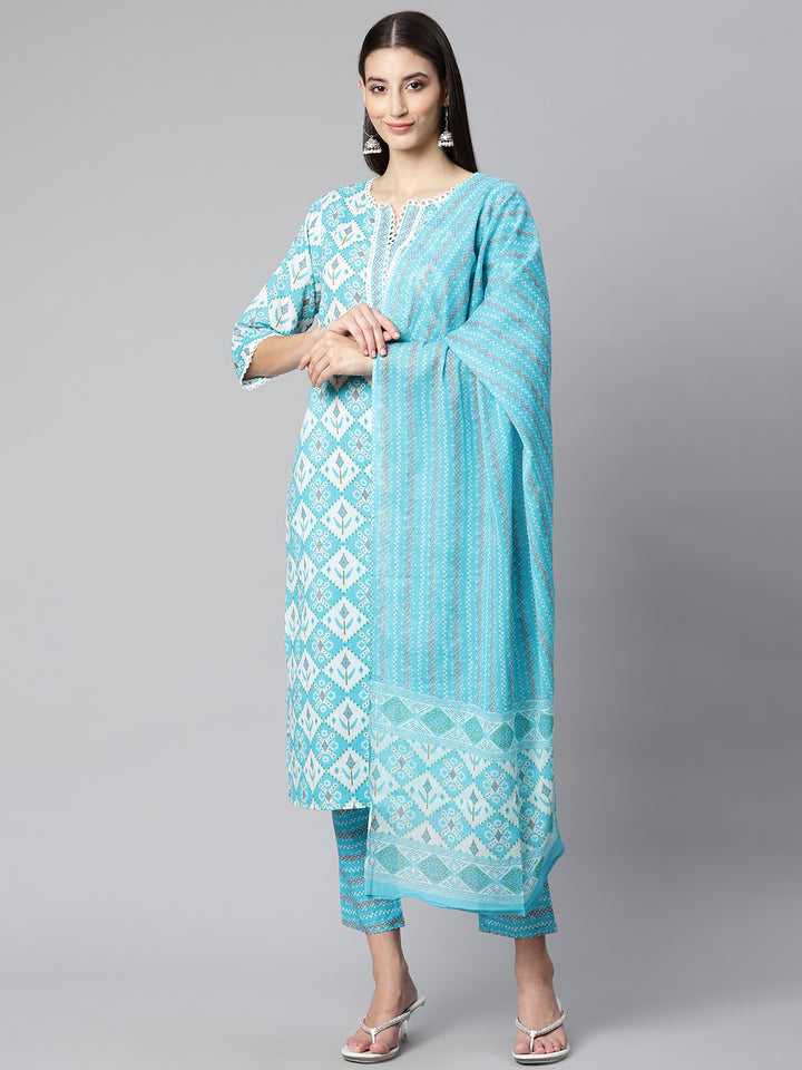 Blue Ikat Printed Cotton Suit Set