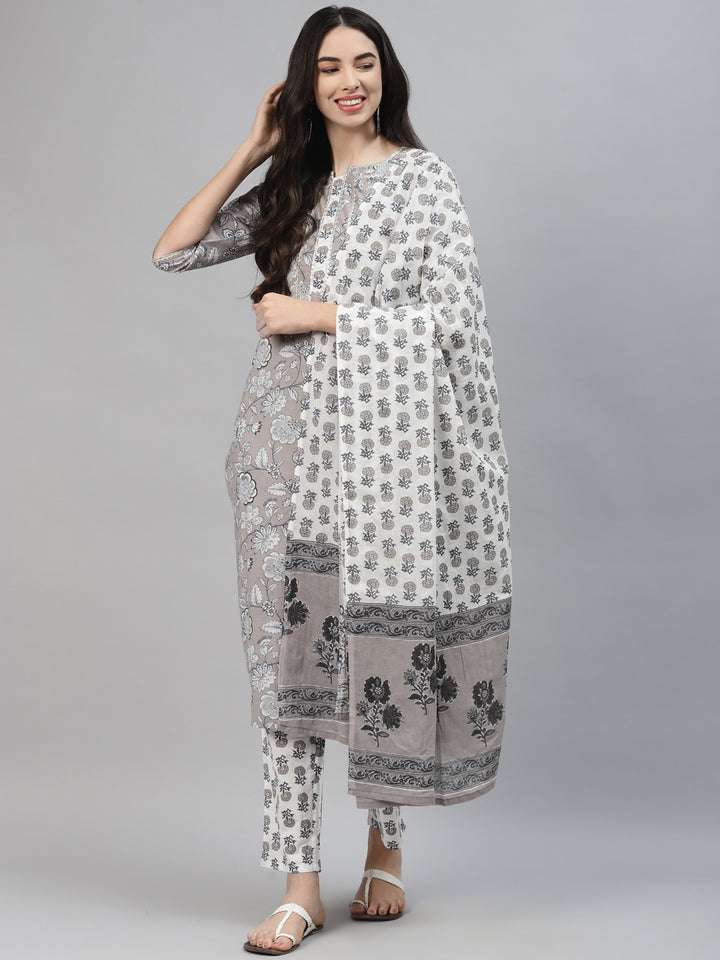 Grey Printed Cotton Suit Set