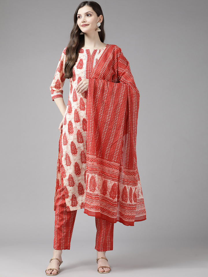 Red Ethnic Motifs Printed Cotton Suit Set