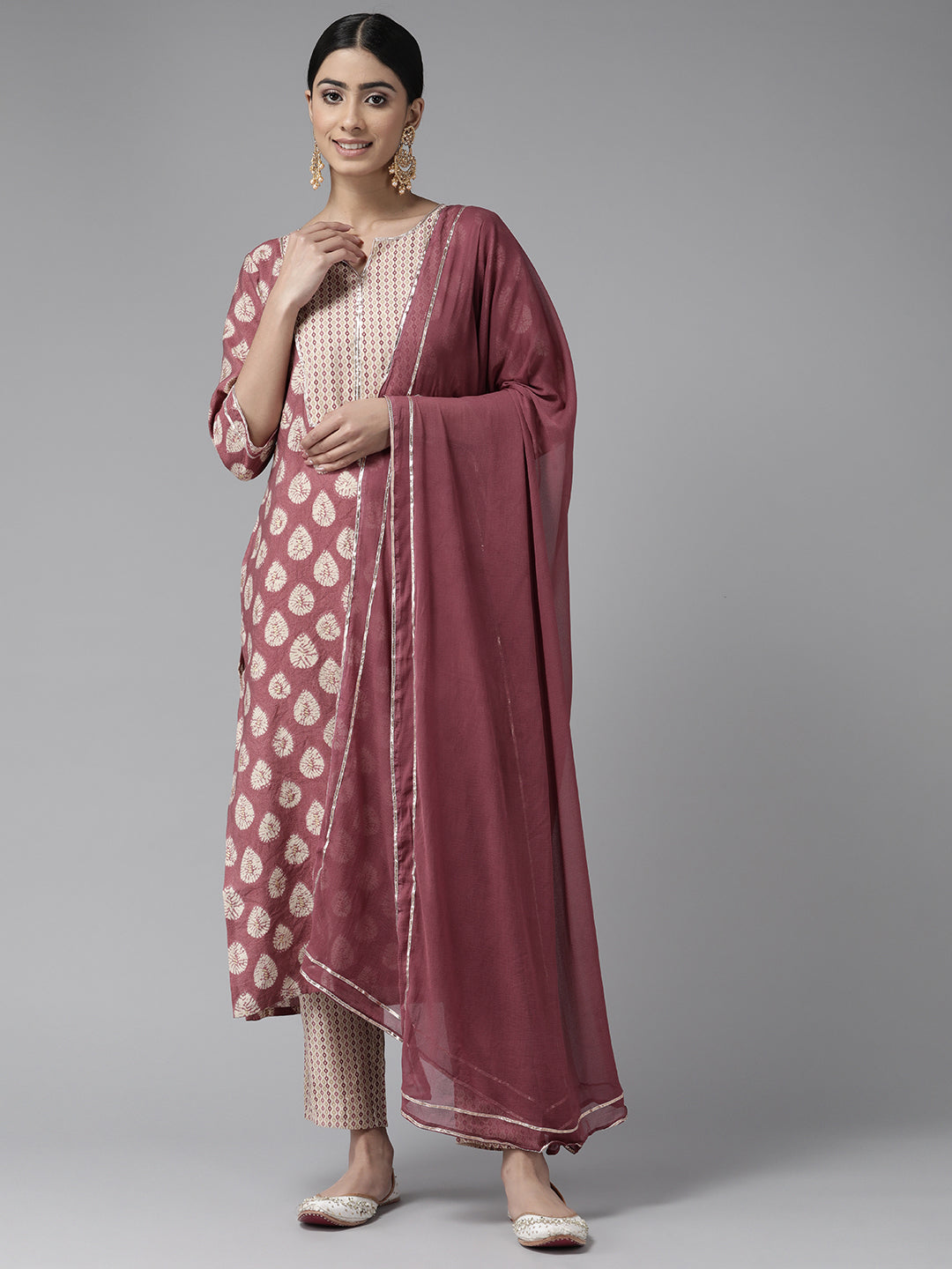 Dark Peach Ethnic Printed Chanderi Silk Suit Set