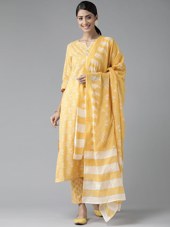 Yellow Silver Printed Cotton Suit Set