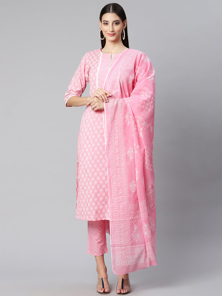 Pink Ethnic Motifs Printed Cotton Suit Set