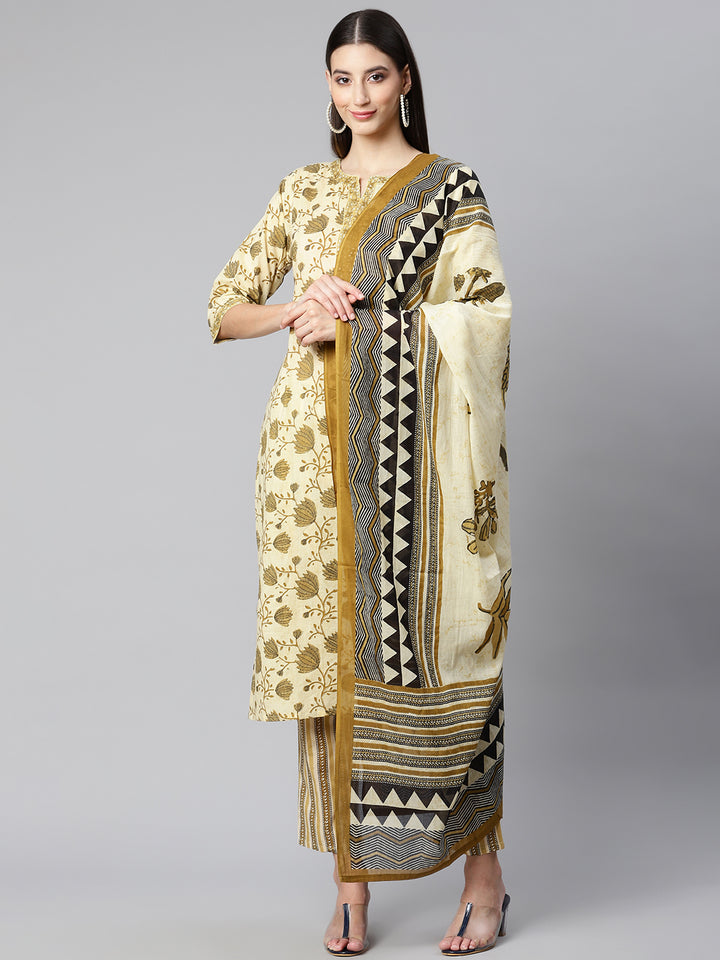 Yellow Printed Cotton Suit Set