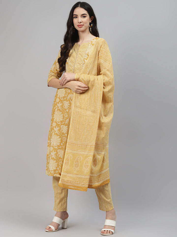 Yellow Printed Cotton Suit Set