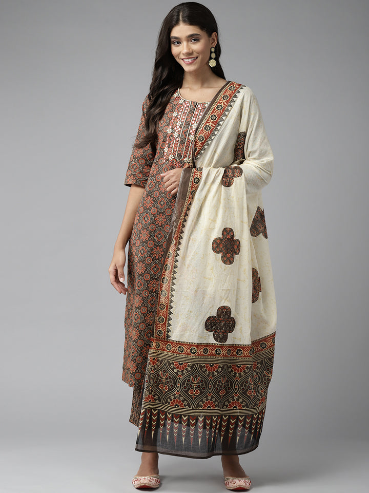 Brown Embroidered Cotton Suit Set