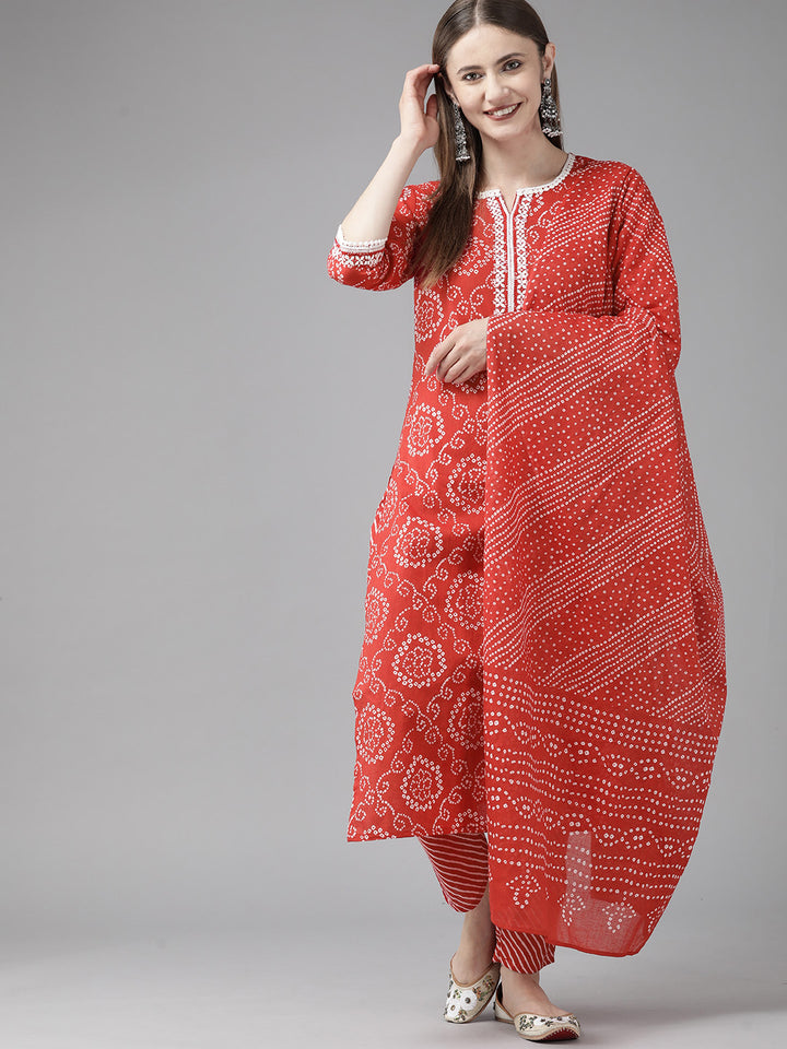 Red Bandhni Printed Cotton Suit Set