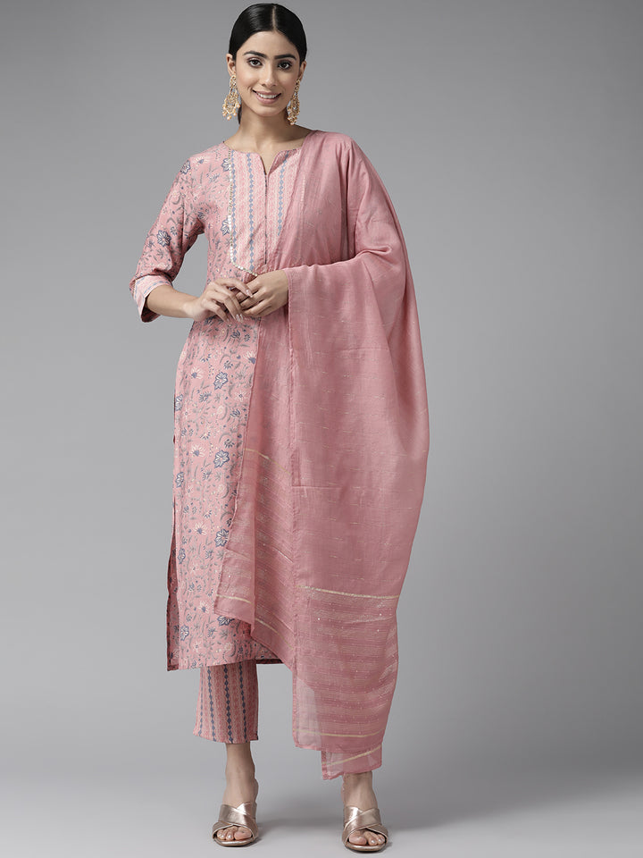 Peach Floral Printed Chanderi Silk Suit Set