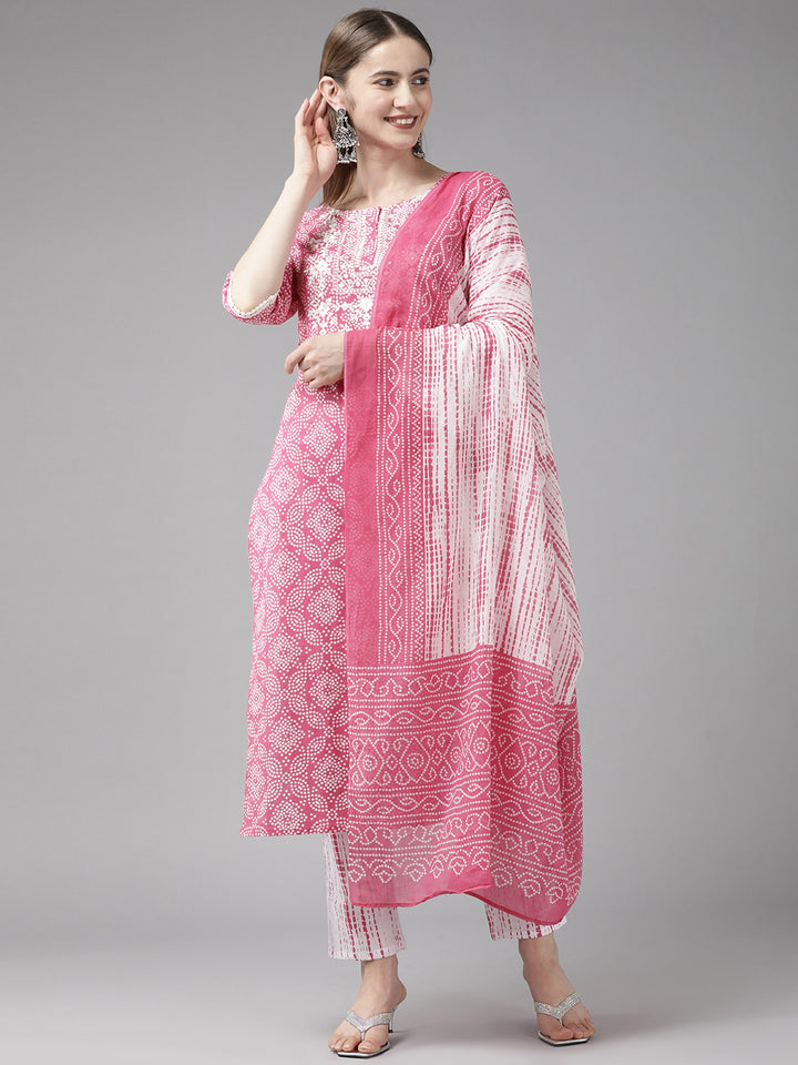 Pink Embroidered Bandhni Printed Cotton Suit Set