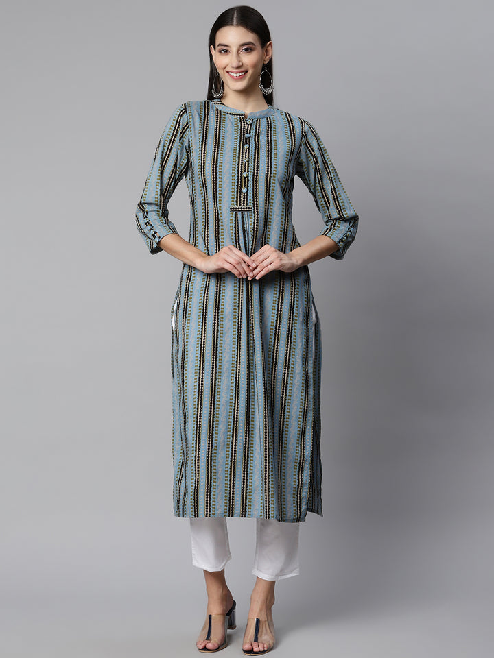 Blue & Black Printed Cotton Kurta