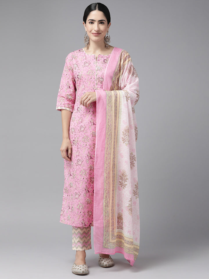 Pink Floral Printed Cotton Suit Set