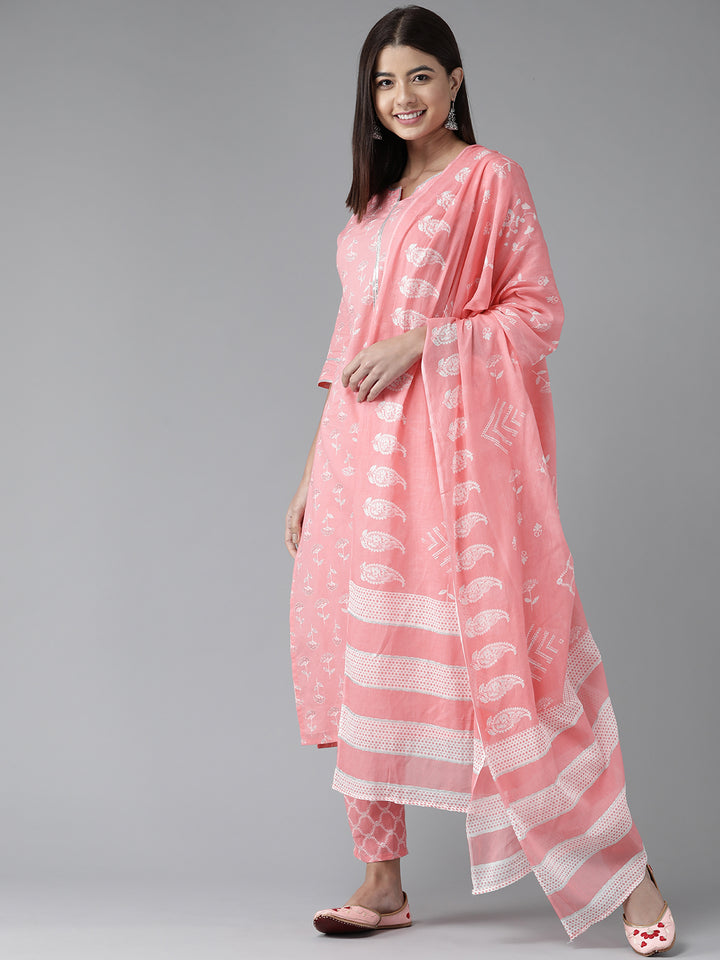 Pink Printed Cotton Suit Set