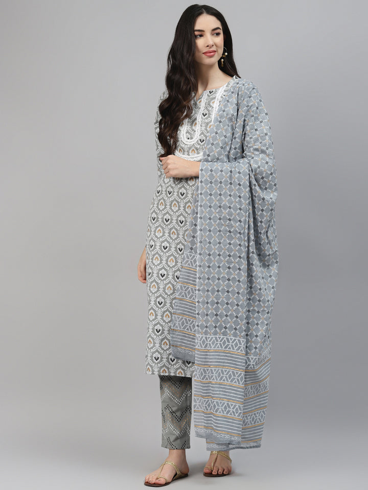 Grey Printed Cotton Suit Set