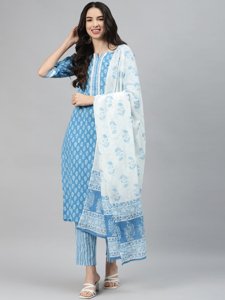 Blue Printed Cotton Suit Set