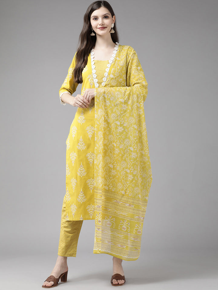 Yellow Floral Printed Cotton Suit Set