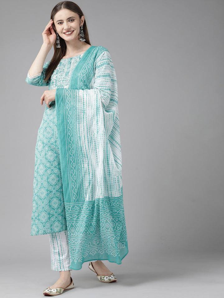 Blue Embroidered Bandhni Printed Cotton Suit Set