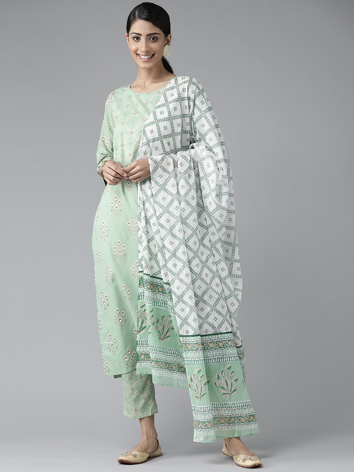 Green Printed Cotton Suit Set