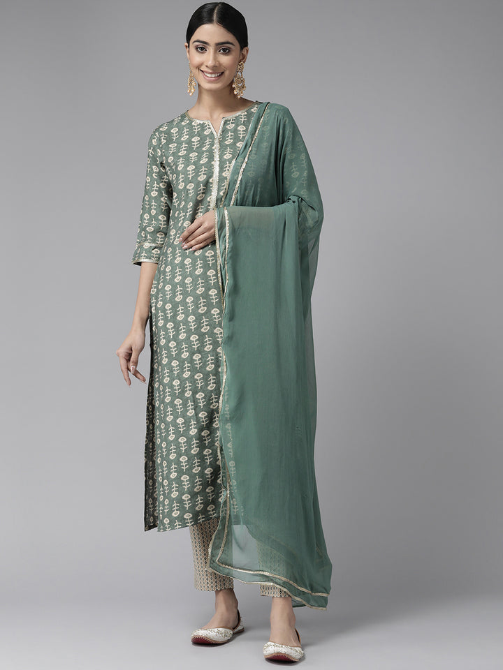 Green Ethnic Motifs Printed Chanderi Silk Suit Set