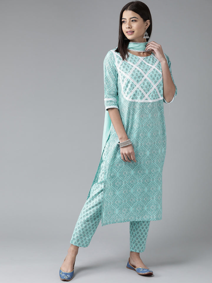 Turquoise Blue Printed Cotton Suit Set