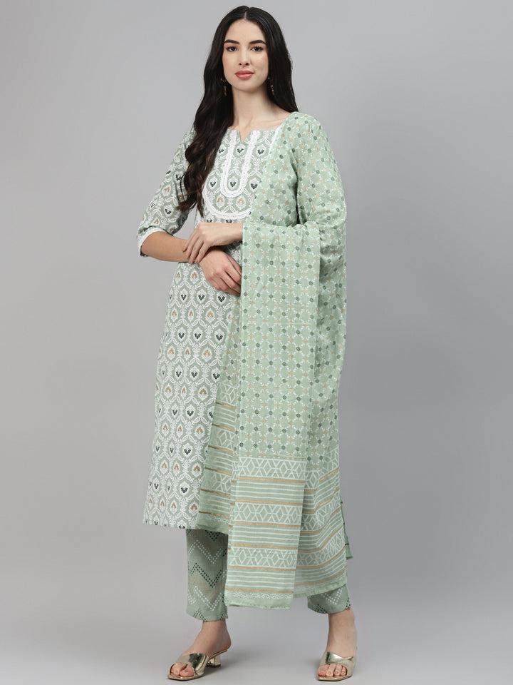 Green Printed Cotton Suit Set