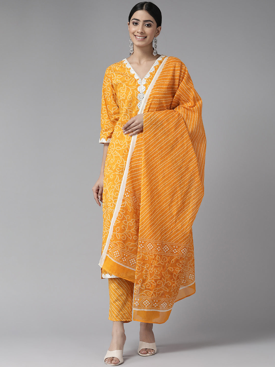 Yellow Mirror Work Bandhni Printed Cotton Suit Set