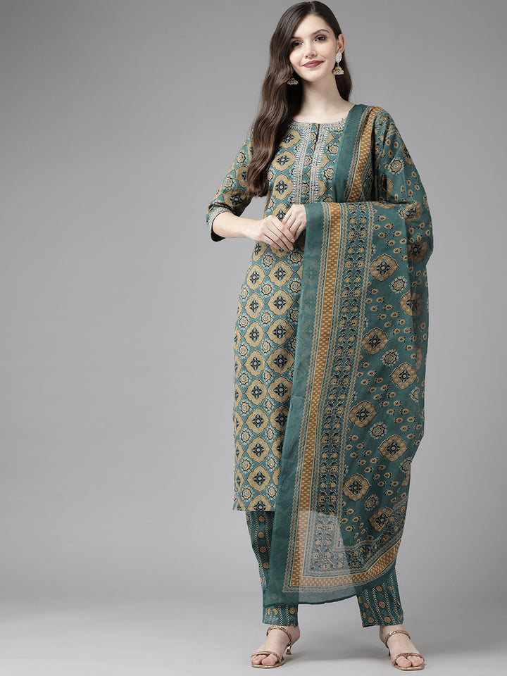 Blue Ethnic Motifs Printed Cotton Suit Set