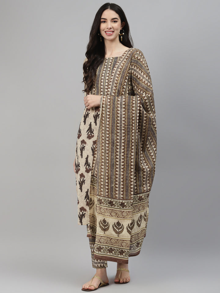 Brown Printed Cotton Suit Set