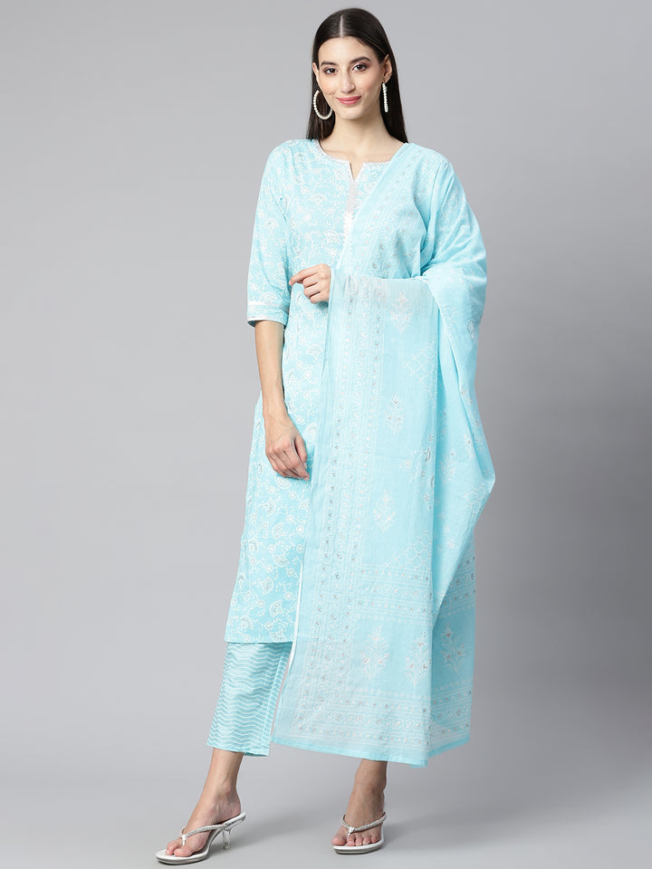 Blue Ethnic Motifs Printed Cotton Suit Set