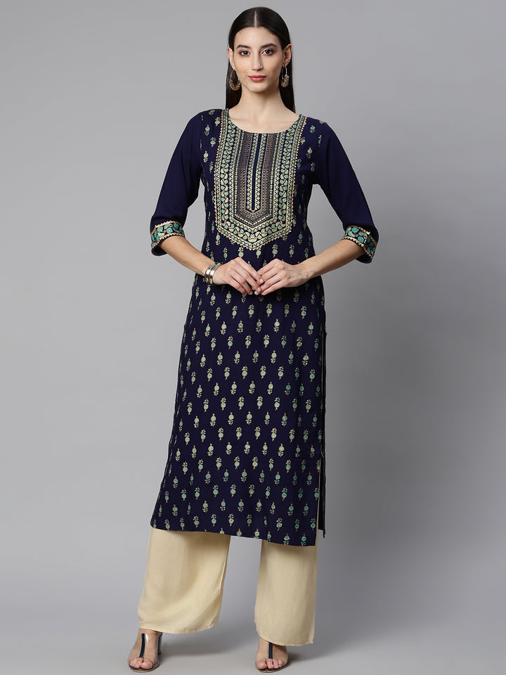 Navy Blue Rayon Printed Kurta