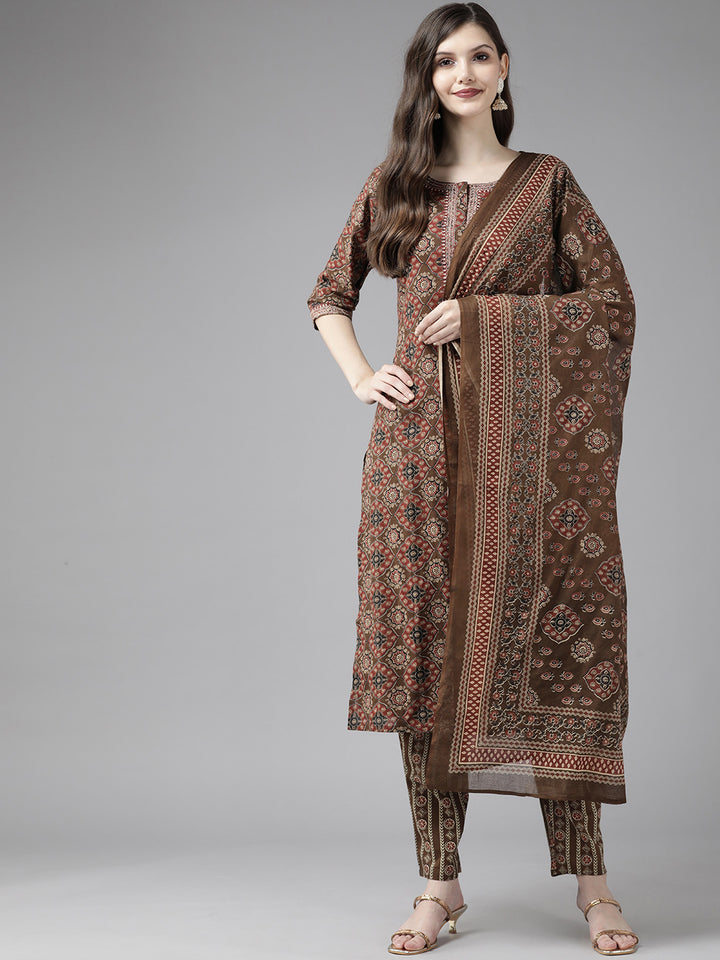 Brown Ethnic Motifs Printed Cotton Suit Set