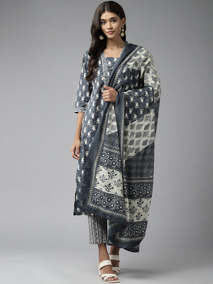 Grey Printed Cotton Suit Set