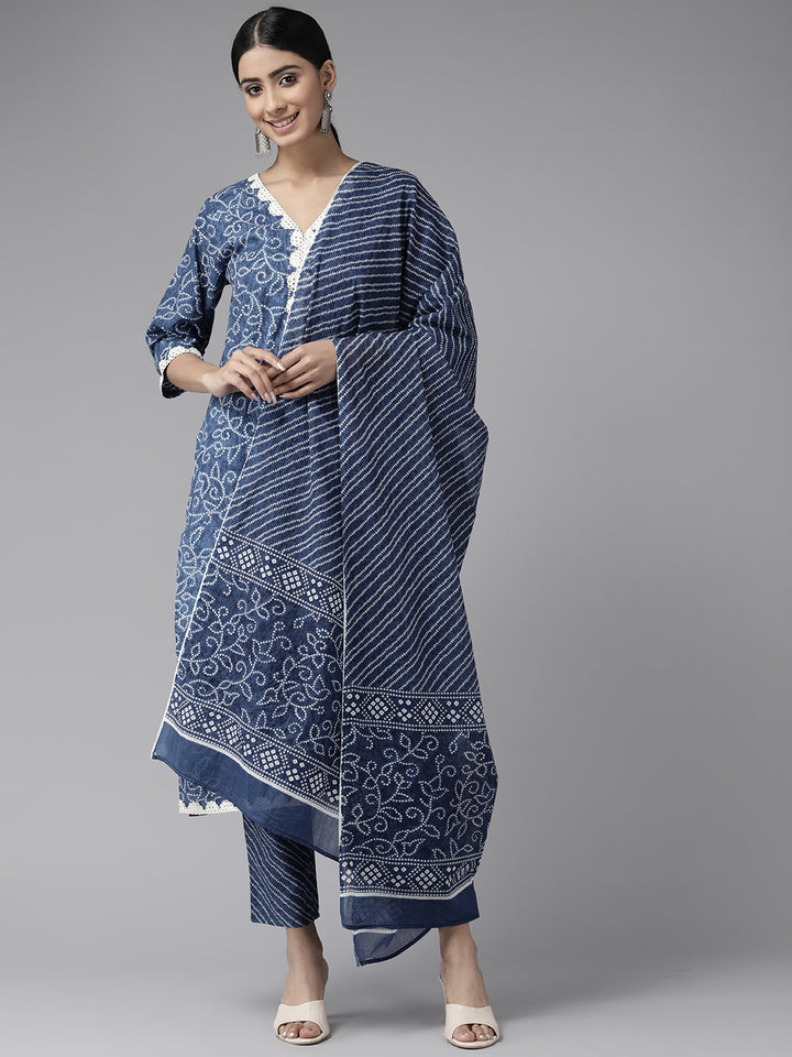 Navy Blue Mirror Work Bandhni Printed Cotton Suit Set