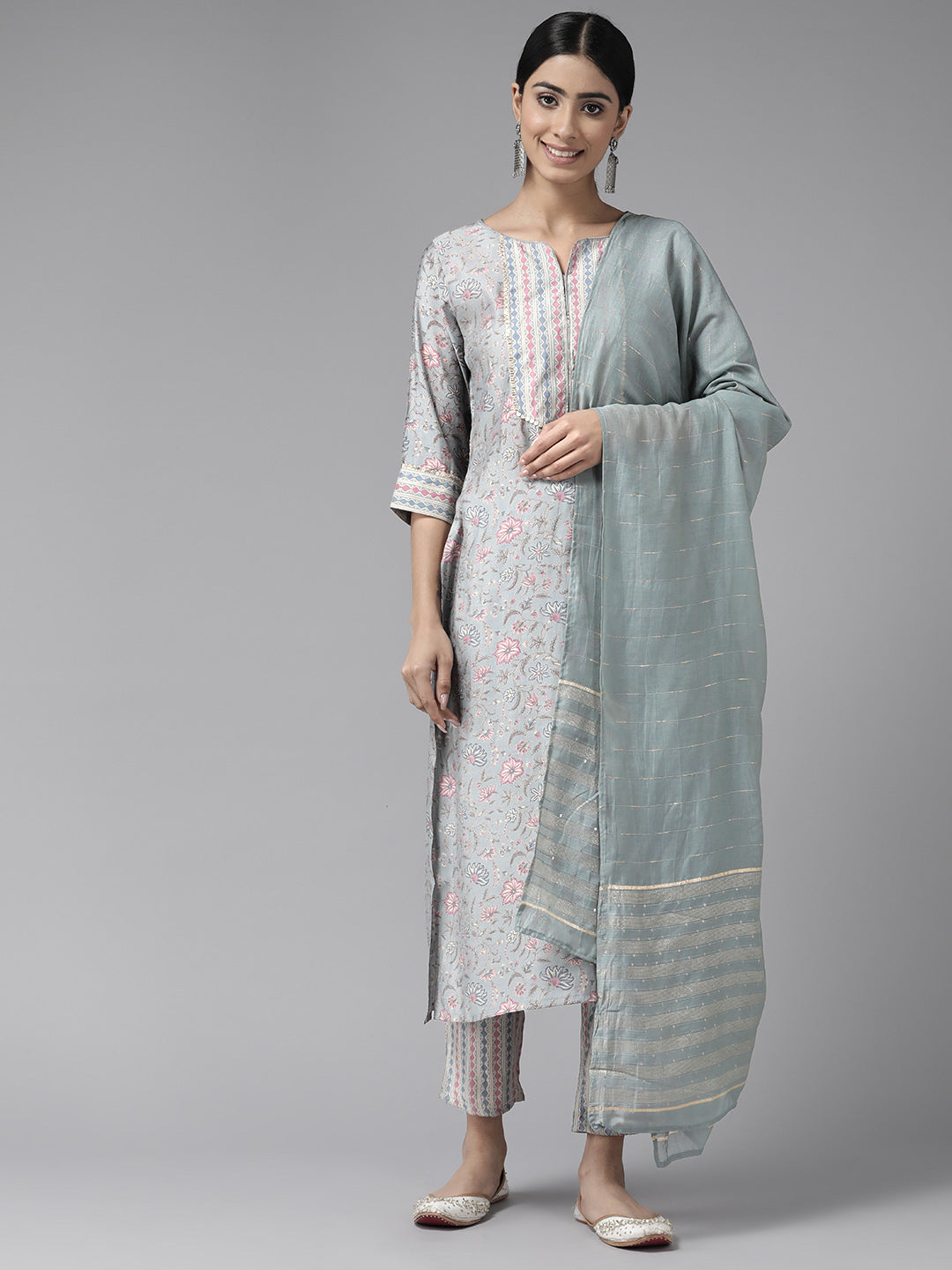 Grey Floral Printed Chanderi Silk Suit Set