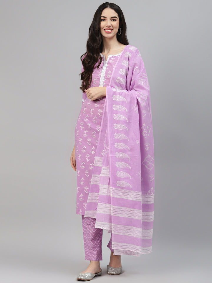 Lilac Printed Cotton Suit Set