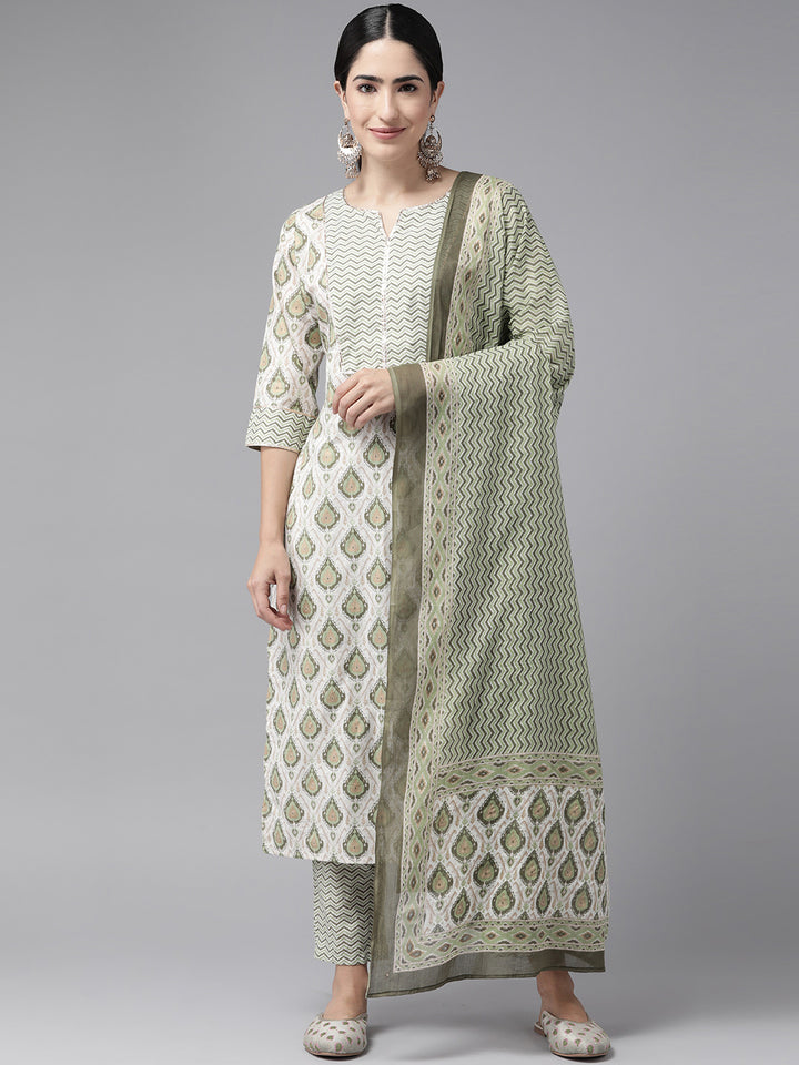 Off White Ethnic Motif Printed Cotton Suit Set