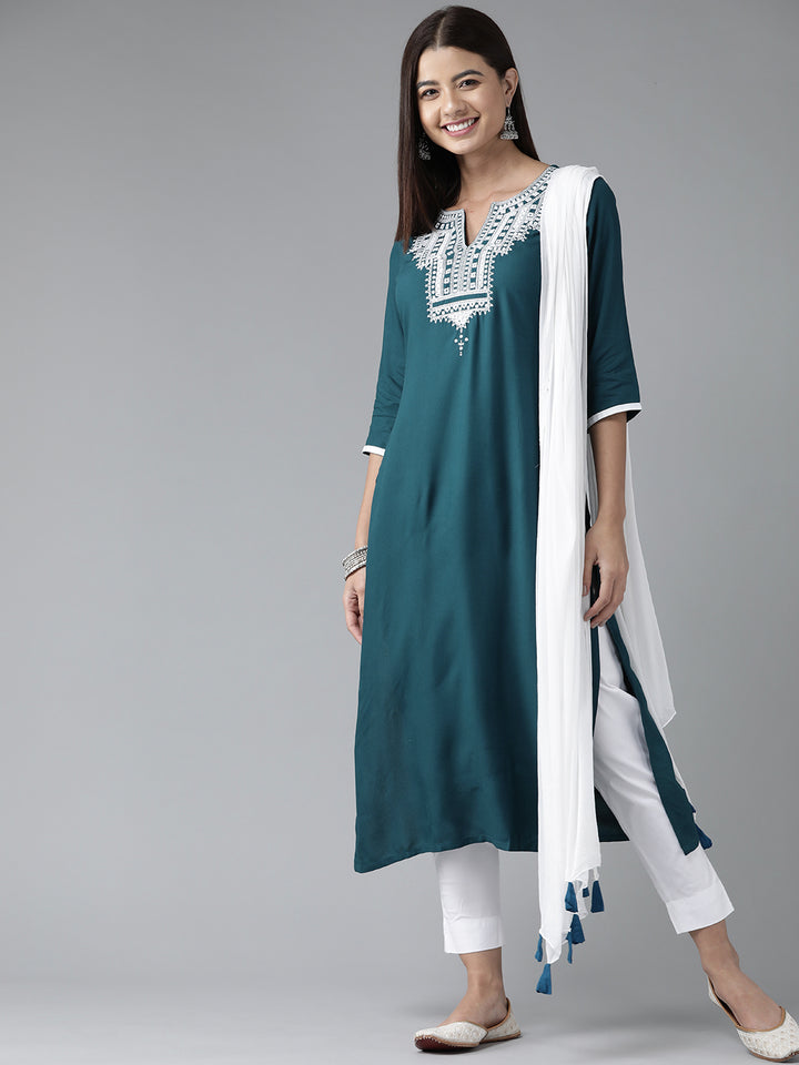 Teal Embroidered Rayon Suit Set