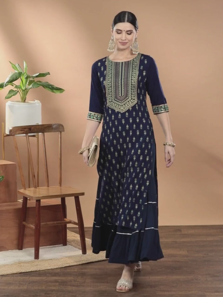 Navy Blue Rayon Printed Kurta