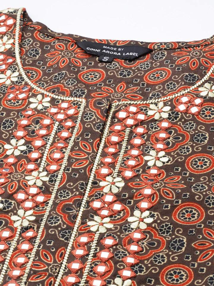 Brown Embroidered Cotton Suit Set