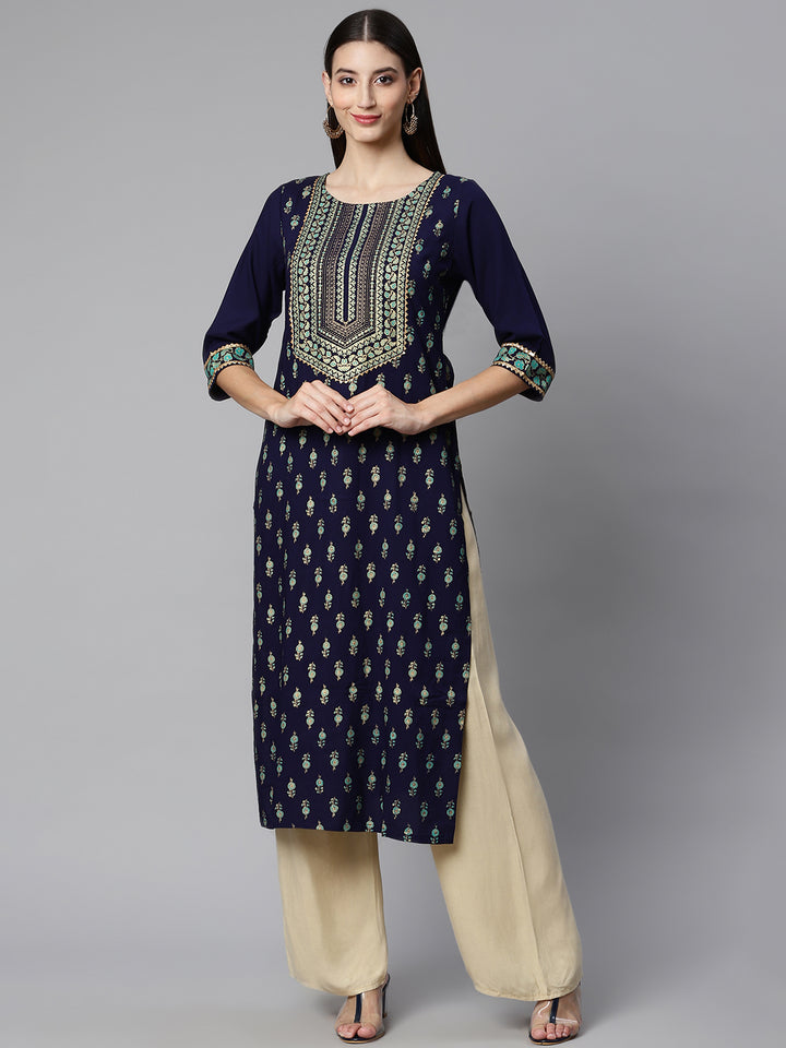 Navy Blue Rayon Printed Kurta