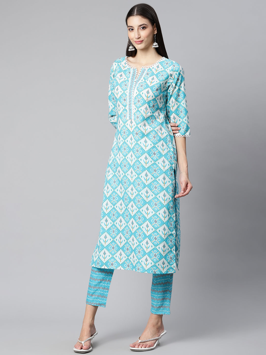 Blue Ikat Printed Cotton Suit Set