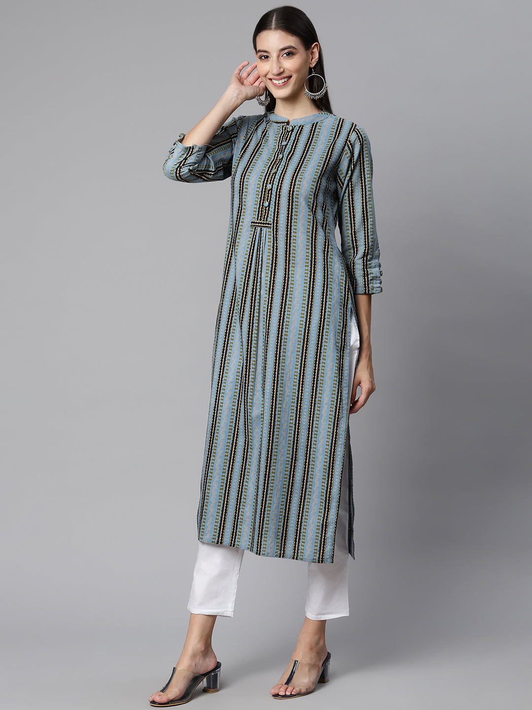 Blue & Black Printed Cotton Kurta