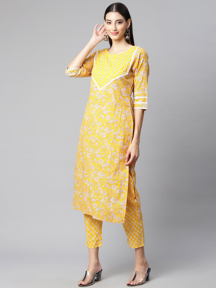 Yellow Sequin Cotton Suit Set