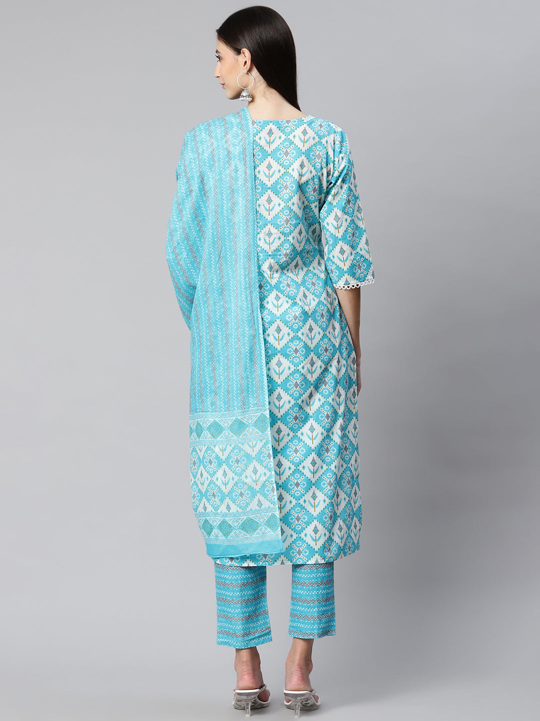 Blue Ikat Printed Cotton Suit Set