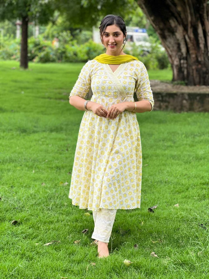 Yellow Anarkali Cotton Suit Set