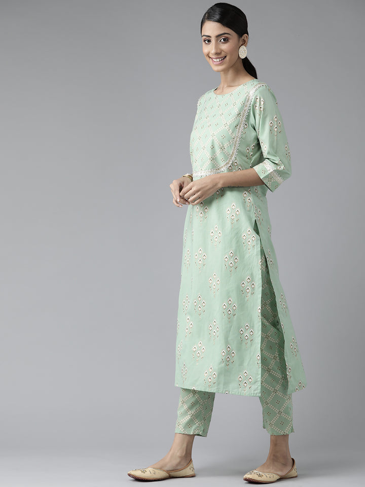 Green Printed Cotton Suit Set