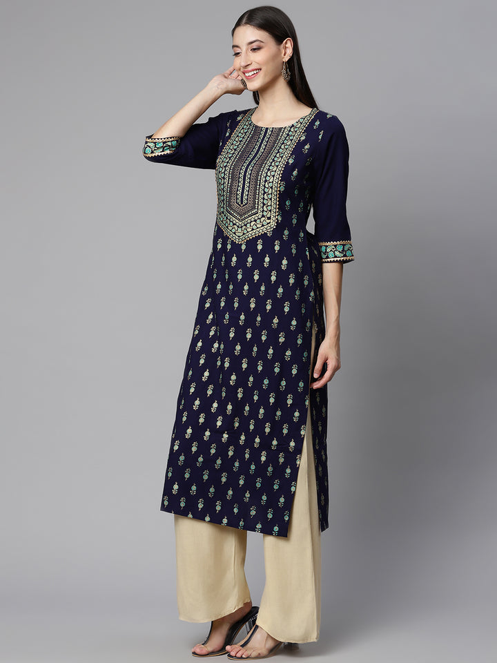 Navy Blue Rayon Printed Kurta