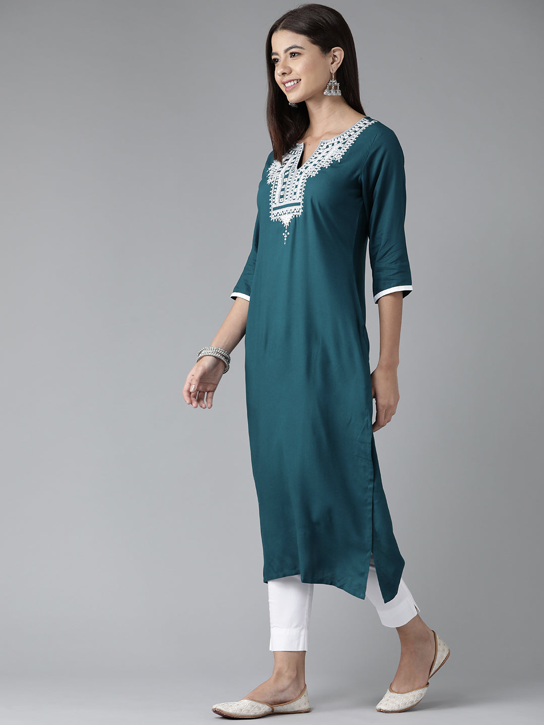 Teal Embroidered Rayon Suit Set