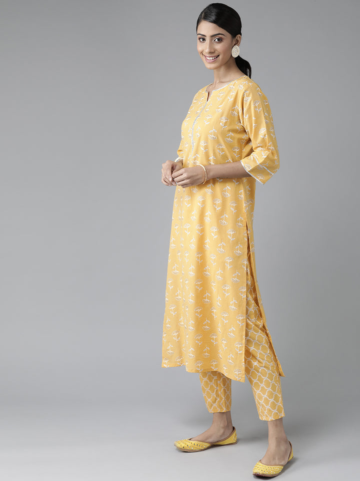 Yellow Silver Printed Cotton Suit Set