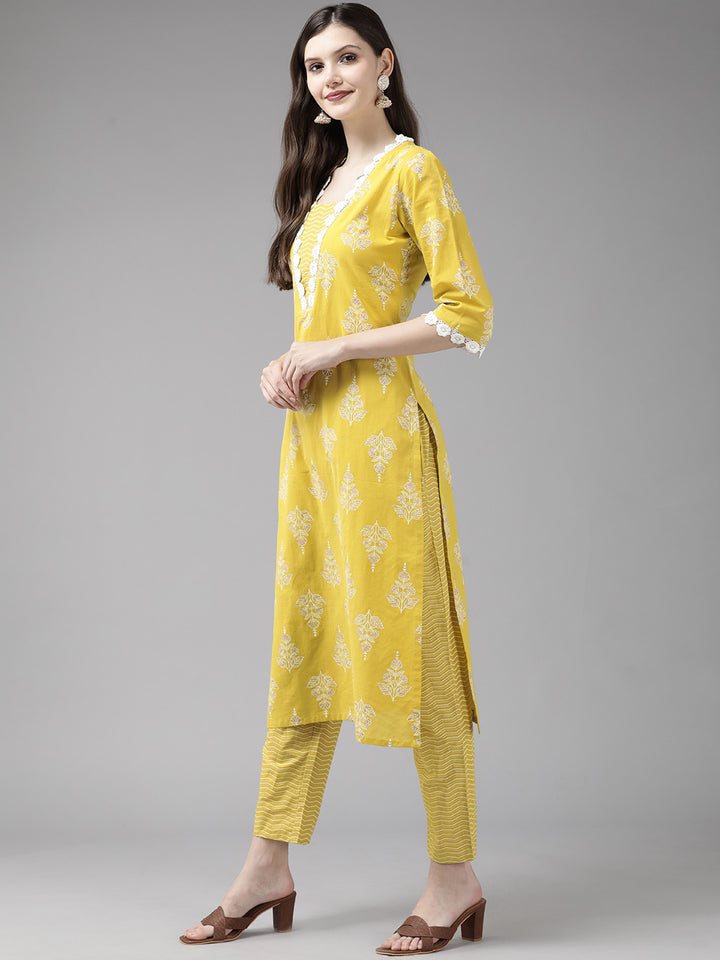 Yellow Floral Printed Cotton Suit Set