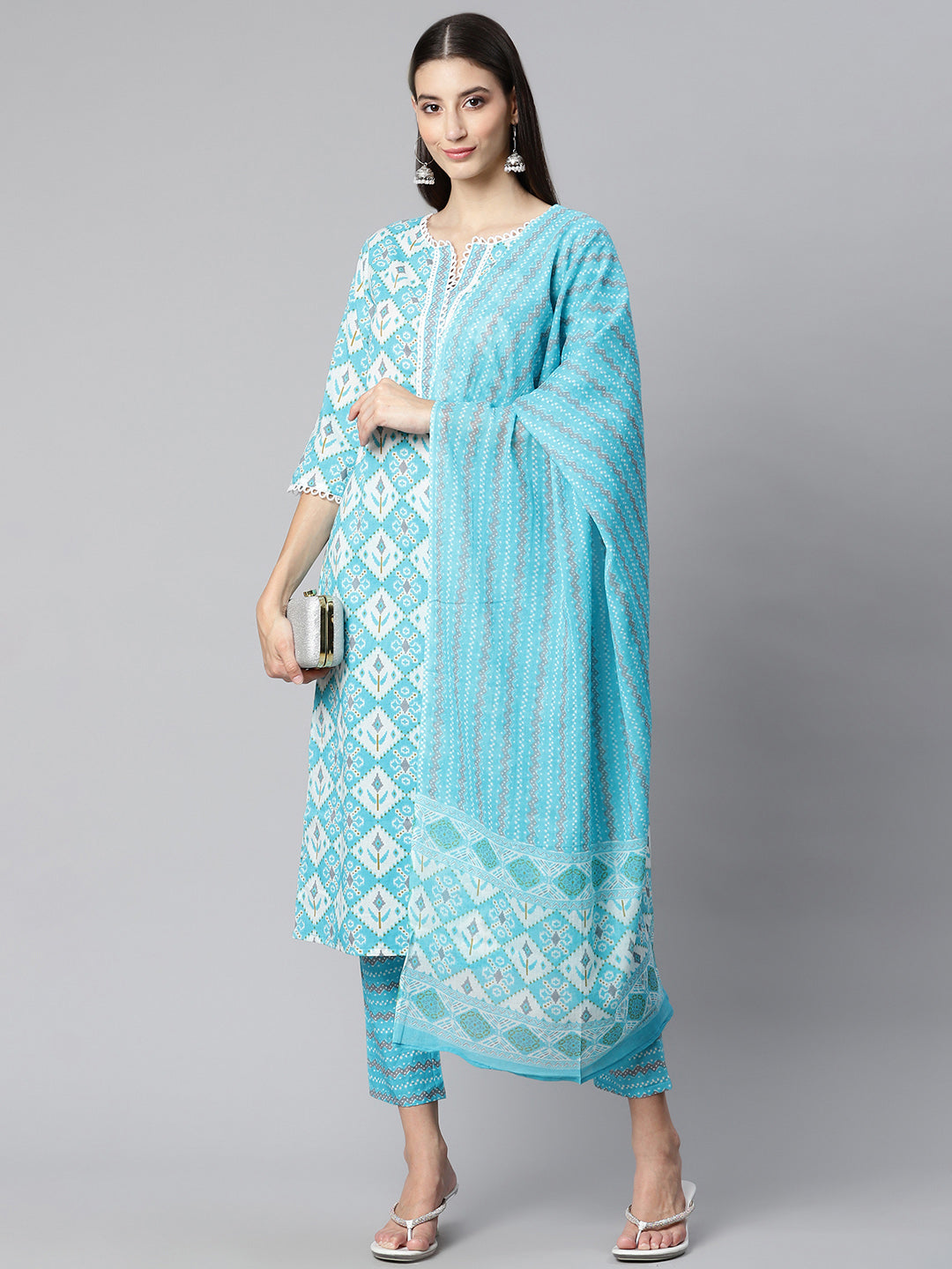 Blue Ikat Printed Cotton Suit Set